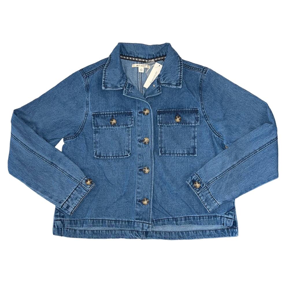 NWT Francesca's Collections Mi ami Tortoise Button Blue Jean/Denim Jacket - S